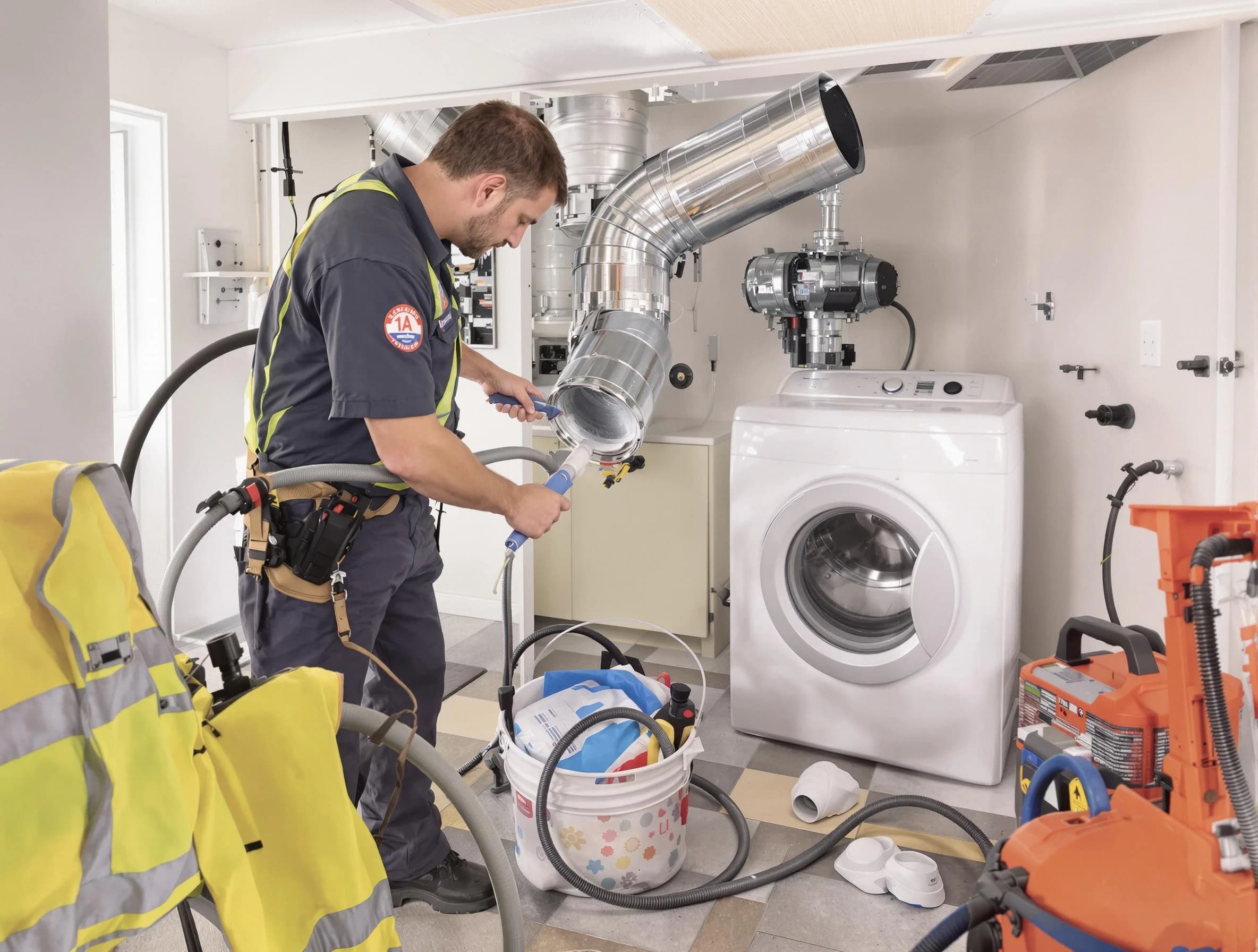 Anaheim Dryer Vent Cleaning technician using specialized equipment to clear severe dryer vent blockage in Anaheim