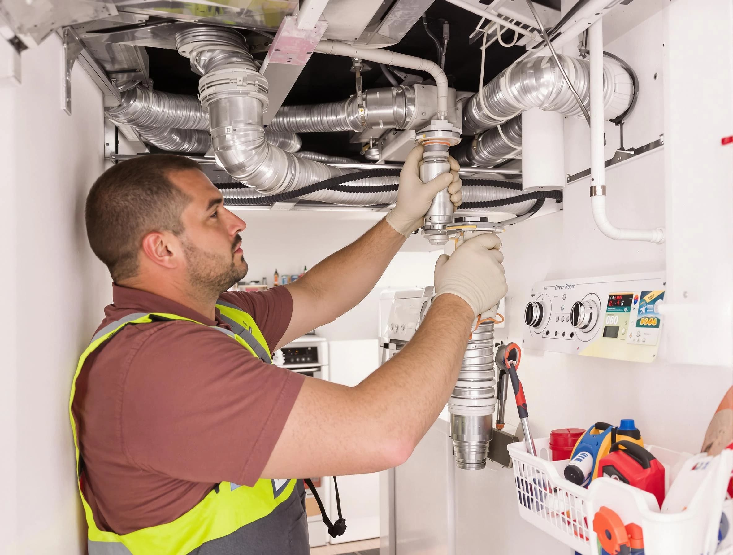 Anaheim Dryer Vent Cleaning expert performing both repair and installation work on a dryer vent system in Anaheim