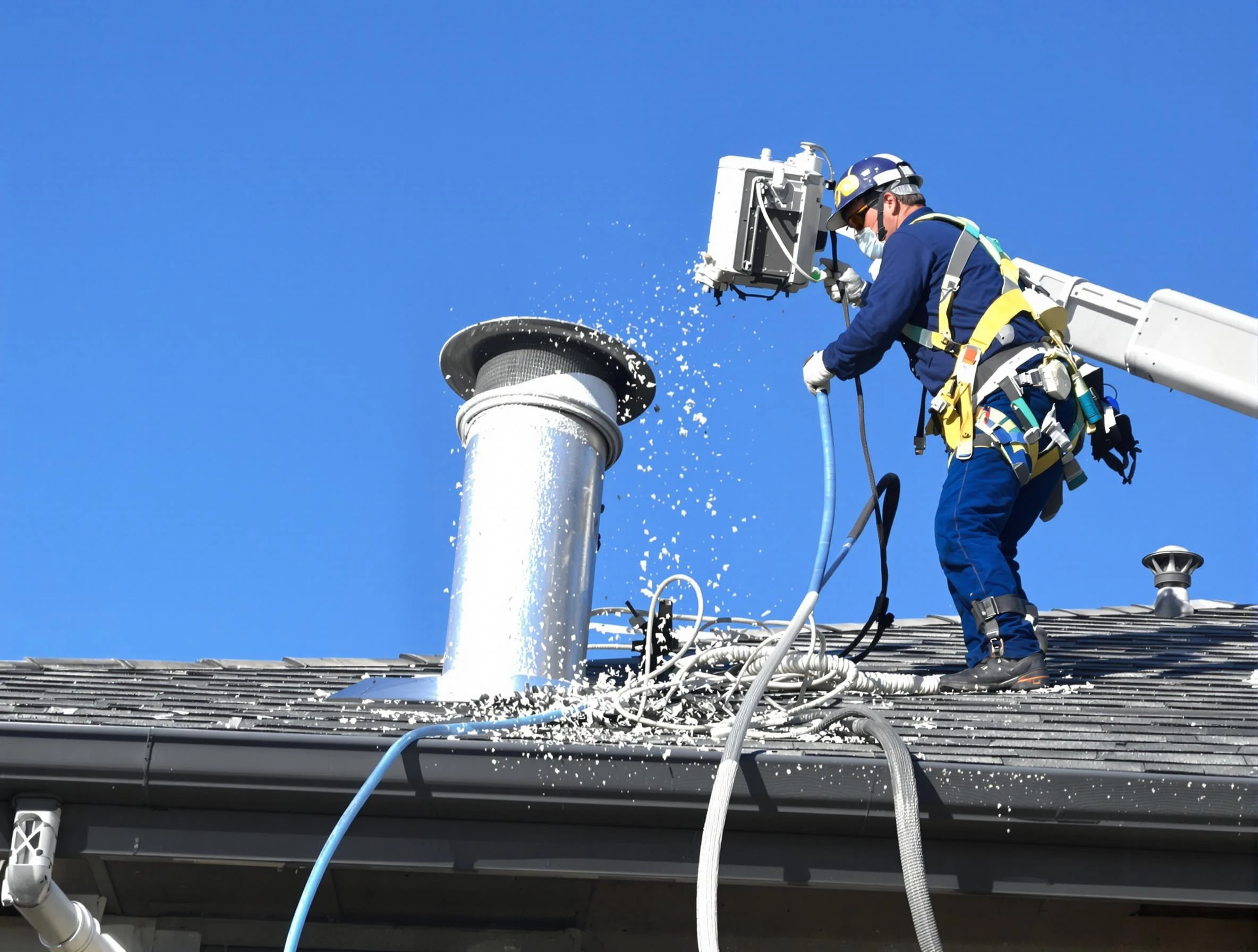 Anaheim Dryer Vent Cleaning certified technician safely cleaning a roof-mounted dryer vent in Anaheim
